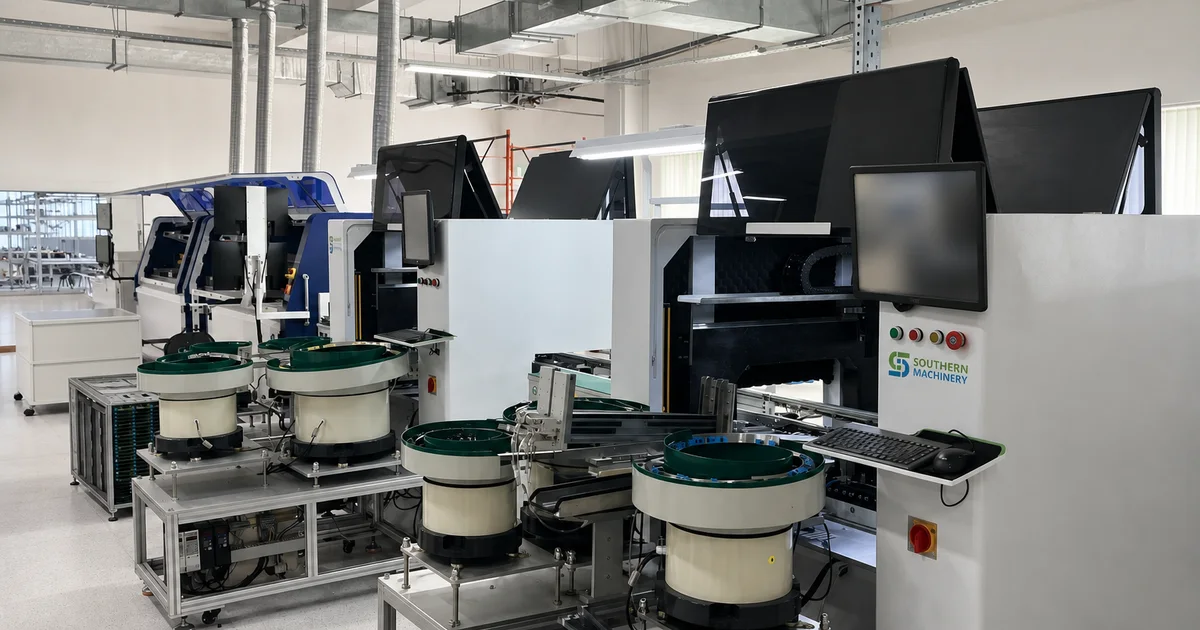 Two odd-form insertion machines with multiple bowl feeders in an anonymized router factory