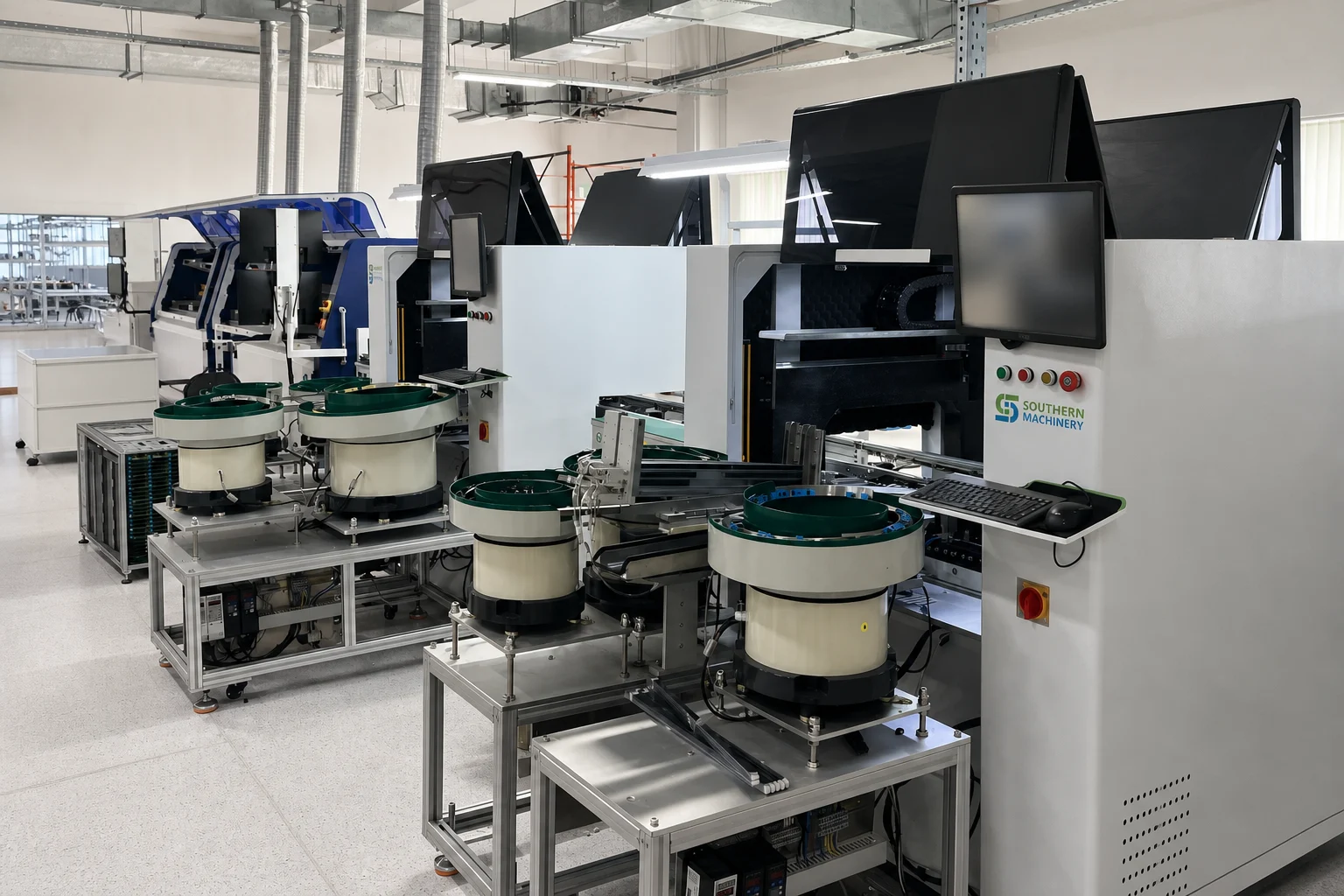 Two odd-form insertion machines and multiple bowl feeders operating in an anonymized router factory